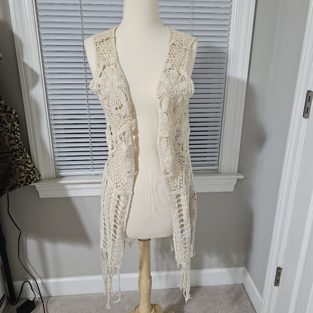 Cato Cream Crochet Fringe Vest Open Front Boho Festival Cardigan L